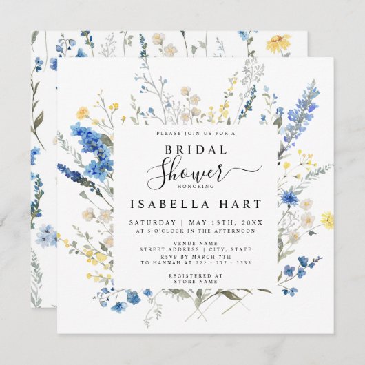 ダスティネイビーブルーディンティワイルドフローラブライダルシャワー 招待状 (正面/裏面)