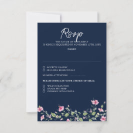 ダスティネイビーブルーピンクハイビスカスの花の結婚式シャワー 出欠カード