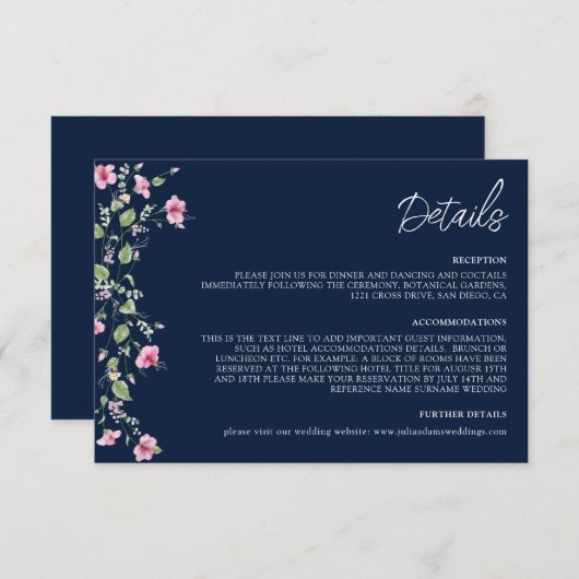 ダスティネイビーブルーピンクハイビスカス開花ウェディングシャワー エンクロージャーカード (正面/裏面)