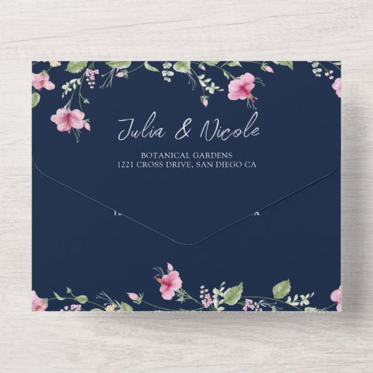 ダスティネイビーブルーピンクハイビスカス開花ウェディングシャワー オールインワン招待状 (裏面)