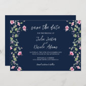 ダスティネイビーブルーピンクハイビスカス開花ウェディングシャワー セーブザデート (正面/裏面)