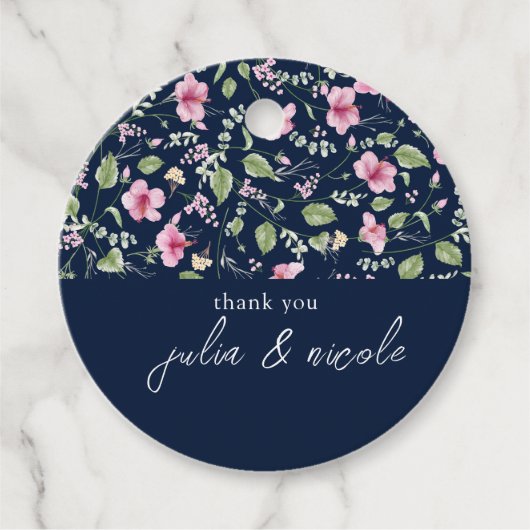 ダスティネイビーブルーピンクハイビスカス開花ウェディングシャワー フェイバータグ (正面)
