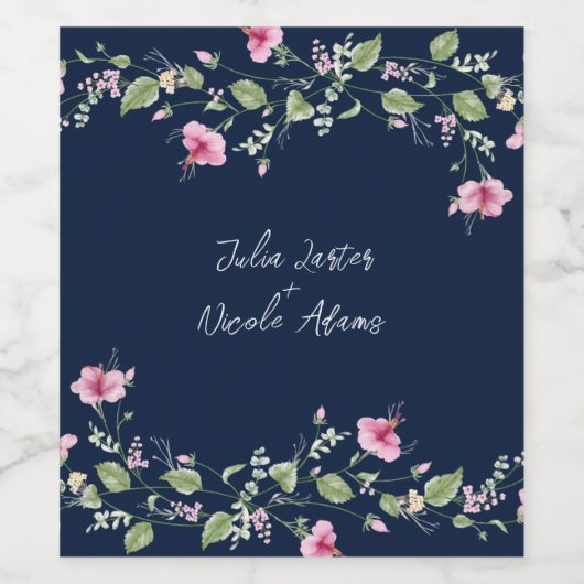 ダスティネイビーブルーピンクハイビスカス開花ウェディングシャワー ワインラベル (シングルラベル)