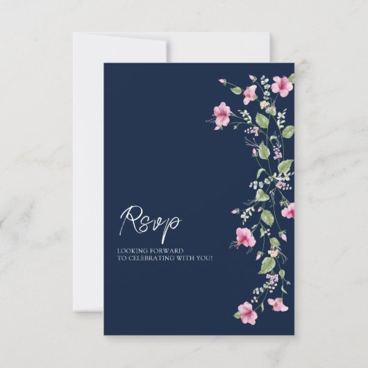 ダスティネイビーブルーピンクハイビスカス開花ウェディングシャワー 出欠カード (裏面)