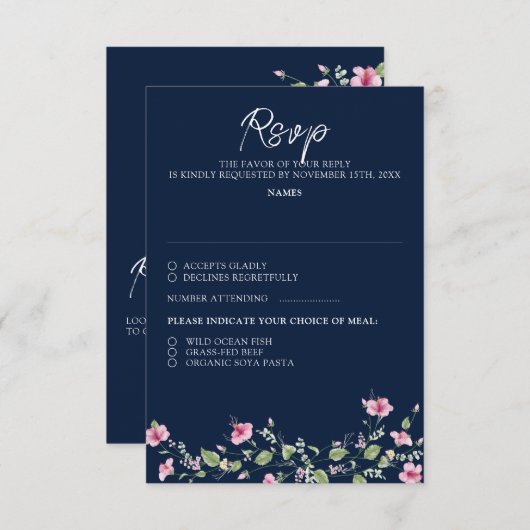 ダスティネイビーブルーピンクハイビスカス開花ウェディングシャワー 出欠カード (正面/裏面)