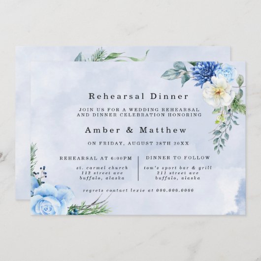 ダスティネイビーブルーフローラリハーサルディナー 招待状 (正面/裏面)