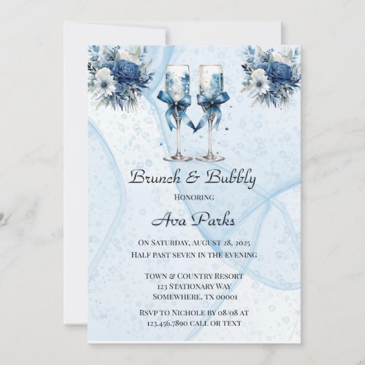 ダスティネイビーブルーワイングラスブランチ&バブリー 招待状 (正面)