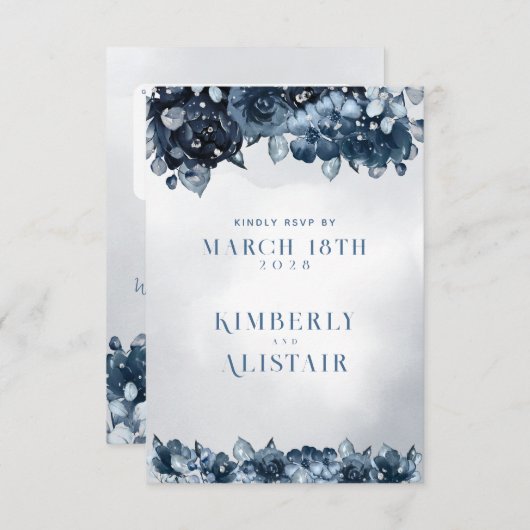 ダスティネイビーブルー結婚シルバーの返信メールRSVP 出欠カード (正面/裏面)