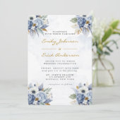 ダスティネイビーブルー金ゴールド水彩牡丹シック結婚ズ 招待状 (スタンド正面)