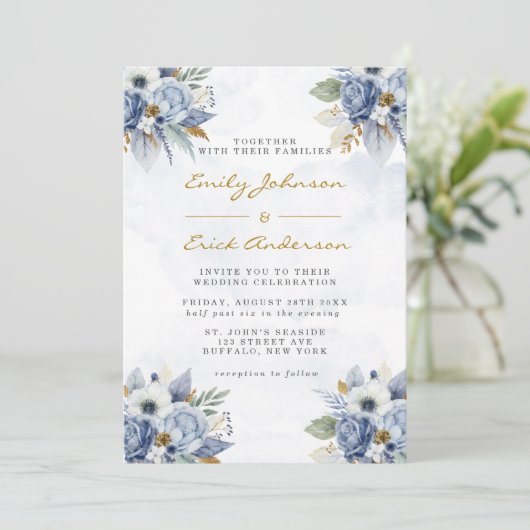 ダスティネイビーブルー金ゴールド水彩牡丹シック結婚ズ 招待状 (スタンド正面)