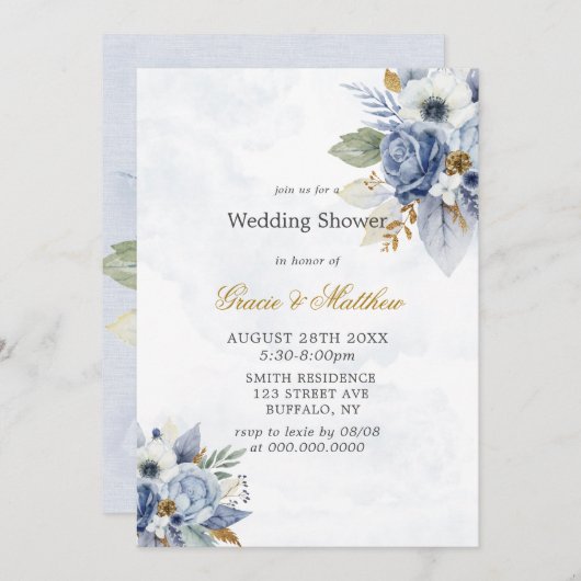 ダスティネイビーブルー金ゴールド牡丹ウェディングシャワー招待状 (正面/裏面)