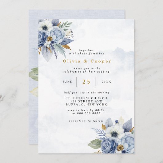 ダスティネイビーブルー金ゴールド牡丹ウォーターカラーシック結婚ズ 招待状 (正面/裏面)