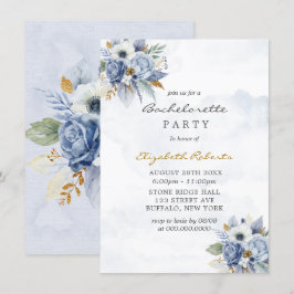 ダスティネイビーブルー金ゴールド牡丹シックバチェロレッテ 招待状