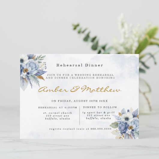 ダスティネイビーブルー金ゴールド牡丹リハーサルディナーインヴィータ 招待状 (スタンド正面)