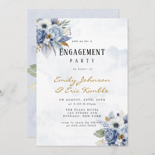 ダスティネイビーブルー金ゴールド牡丹婚約パーティインヴィータ 招待状 (正面/裏面)