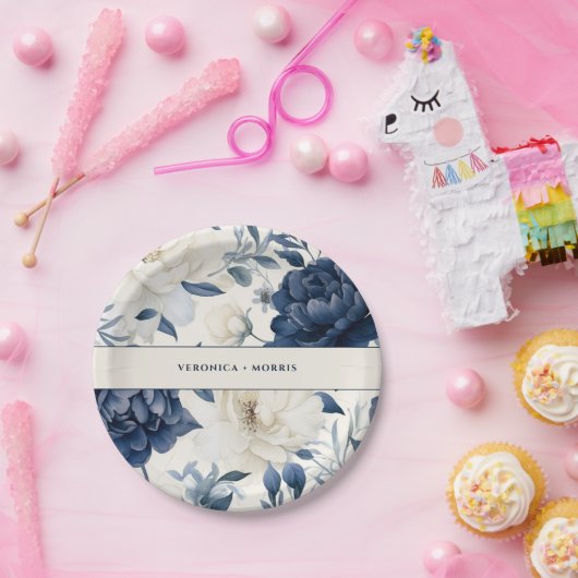 ダスティネイビーブルー&ホワイトフローラ水色結婚の色 ペーパープレート (パーティー)