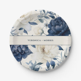 ダスティネイビーブルー&ホワイトフローラ水色結婚の色 ペーパープレート