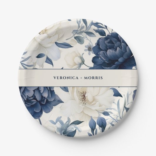 ダスティネイビーブルー&ホワイトフローラ水色結婚の色 ペーパープレート (正面)