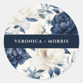 ダスティネイビーブルー&ホワイトフローラ水色結婚の色 ラウンドシール