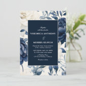 ダスティネイビーブルー&ホワイトフローラ水色結婚の色 招待状 (スタンド正面)