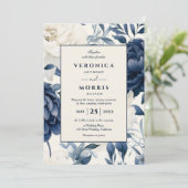 ダスティネイビーブルー&ホワイトフローラ水色結婚の色 招待状 (スタンド正面)