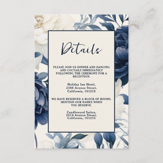 ダスティネイビーブルー&ホワイトフローラ水色 エンクロージャーカード (正面)