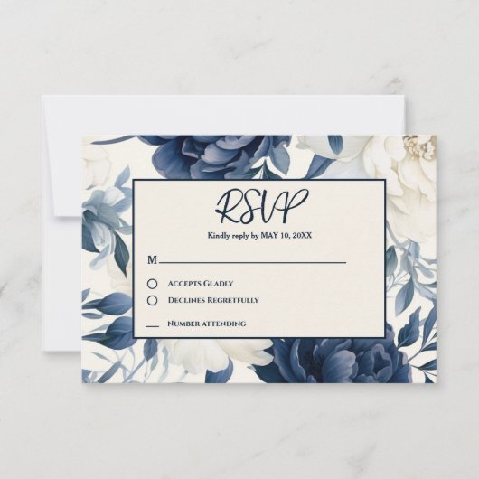 ダスティネイビーブルー&ホワイトフローラ水色 出欠カード (正面)