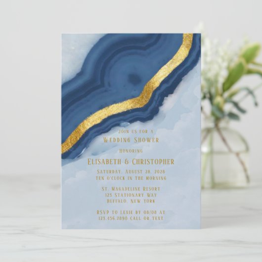 ダスティネイビーブルー&金ゴールドアゲートウェディングシャワー 招待状 (スタンド正面)