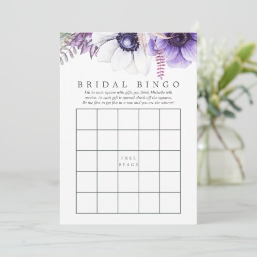 ダスティバイオレットウォーター色フローラブライダルシャワービンゴ 招待状 (スタンド正面)