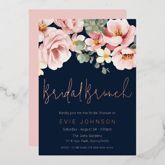 ダスティバラネイビーブライダルシャワーブランチバラ金ゴールド 箔招待状 (正面/裏面)