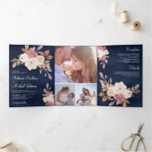 ダスティバラピンクとアイボリーフローラネイビーブルー結婚ズ 三つ折り招待状 (内部)