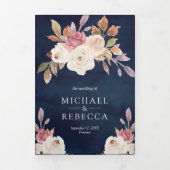 ダスティバラピンクとアイボリーフローラネイビーブルー結婚ズ 三つ折り招待状 (カバー)