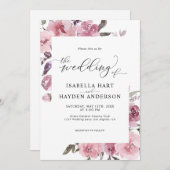 ダスティバラピンクパステルフローラモーヴフラワー結婚ズ 招待状 (正面/裏面)
