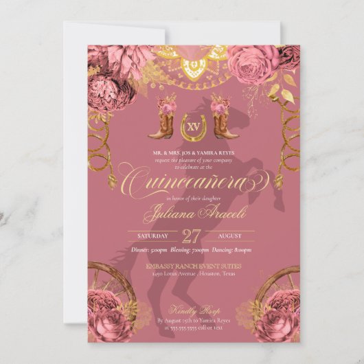 ダスティバラピンク金ゴールドエレガントシャロキンセアニェラ 招待状 (正面)