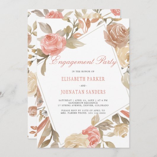 ダスティバラピーチクリームフローラ婚約パーティ 招待状 (正面/裏面)