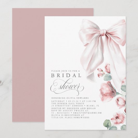 ダスティバラフローラエレガントボウブライダルシャワー 招待状 (正面/裏面)