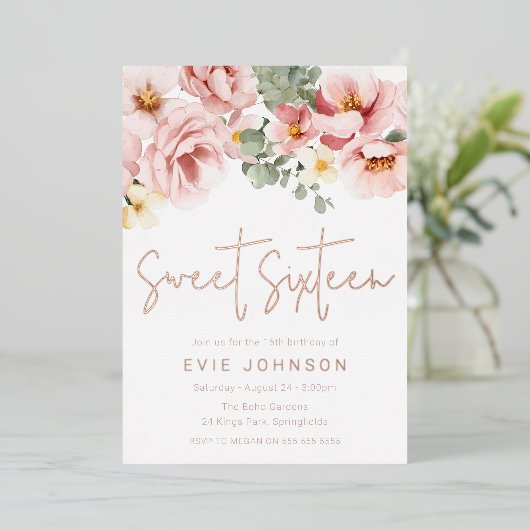 ダスティバラフローラスウィート16パーティーバラ金ゴールド 箔招待状 (立ち正面)