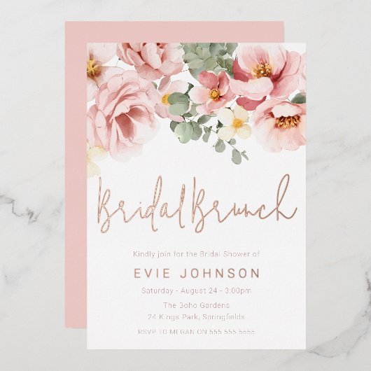 ダスティバラフローラブライダルシャワーブランチバラ金ゴールド 箔招待状 (正面/裏面)