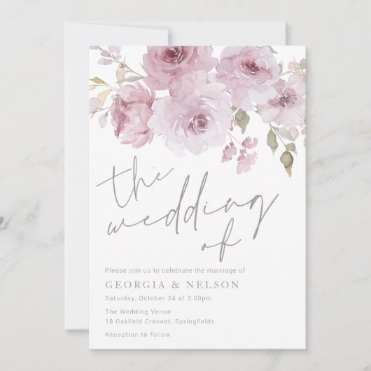 ダスティバラマウヴ赤面フローラウォーター結婚カラー 招待状 (正面)