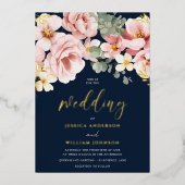 ダスティバラ水彩フローラ結婚ズネイビー&金ゴールド 箔招待状 (正面)