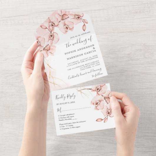 ダスティバラ赤面ピンクオーキッドウォーター結婚カラーズ オールインワン招待状 (貼ってはがせる)