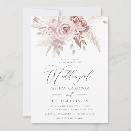 ダスティバラ赤面ボホピンクアイボリー結婚フローラ 招待状 (正面)