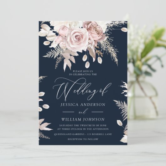 ダスティバラ赤面ボホピンク結婚フローラズ海軍 招待状 (スタンド正面)