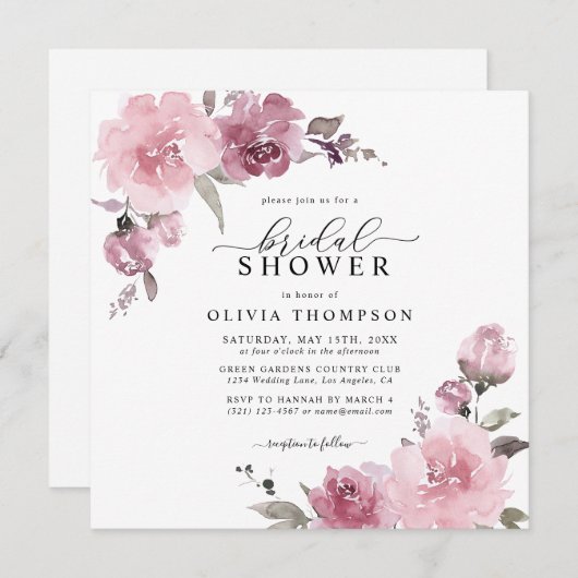 ダスティバラ赤面マウヴフローラフラワーブライダルシャワー 招待状 (正面/裏面)