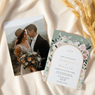 ダスティバラ金ゴールドアーチセージモノグラム結婚写真 招待状