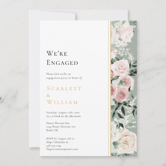 ダスティバラ金ゴールドセージグリーンヴィンテージ私たちは婚約したいる 招待状 (正面)