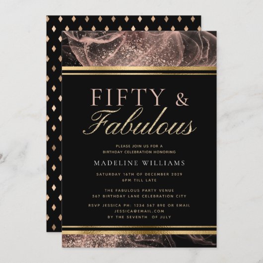 ダスティバラ金ゴールドブラックフィフティ&ファビュラス誕生日 招待状 (正面/裏面)