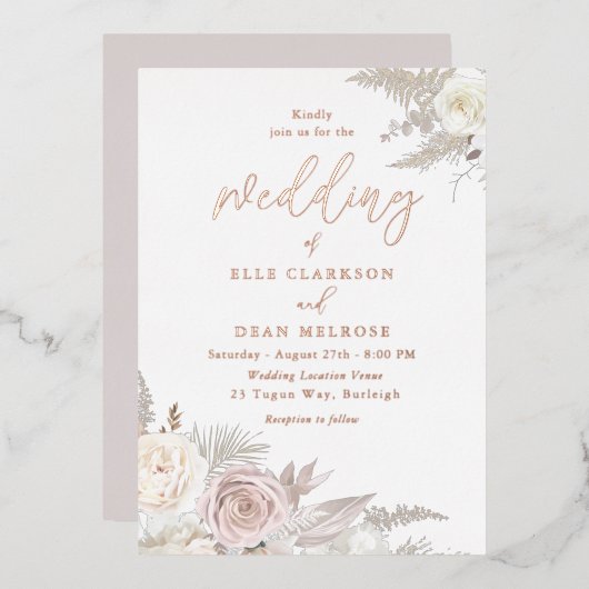 ダスティバラ&アイボリーホワイトフローラ結婚ズバラ金ゴールド 箔招待状 (正面/裏面)