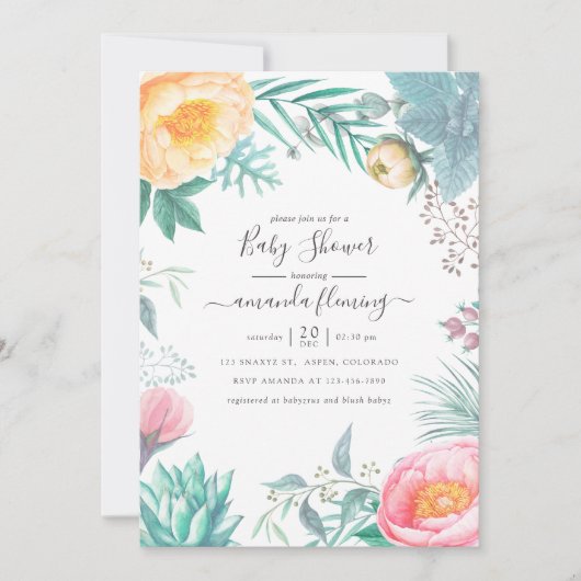 ダスティパステルトロピカルフローラサマーベビーシャワー 招待状 (正面)
