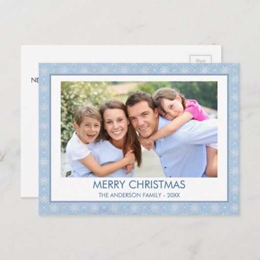 ダスティパステルブルークリスマススノーフレークファミリーフォト シーズンポストカード (正面/裏面)